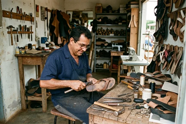 Sapateiro realizando conserto de sandálias no seu ambiente de trabalho.