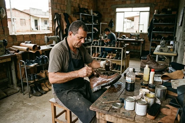 Processo de impermeabilização em sapatos no contexto de trabalho do sapateiro.