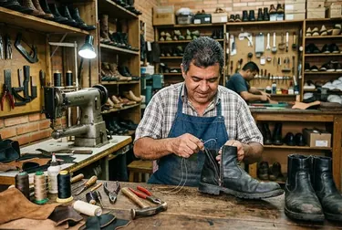 Sapateiro realizando o conserto de um zíper de bota em seu local de trabalho.