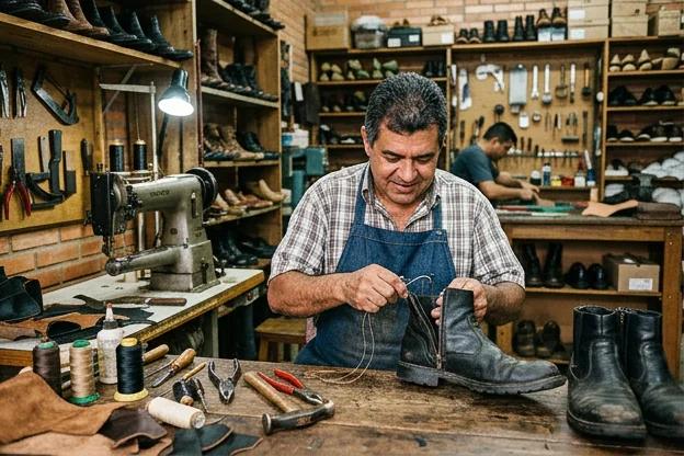 Sapateiro realizando o conserto de um zíper de bota em seu local de trabalho.