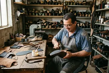 Sapateiro trocando o solado de um par de sapatos em um ambiente de trabalho.